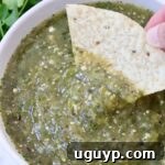 Homemade Tomatillo Salsa Verde in a bowl with a hand dipping a tortilla chip into it.