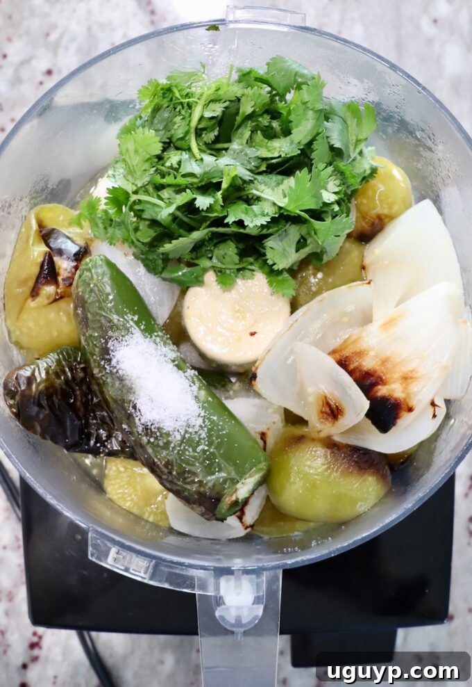 Roasted tomatillos, onion, and jalapeños transferred to a food processor, with fresh cilantro and salt added.