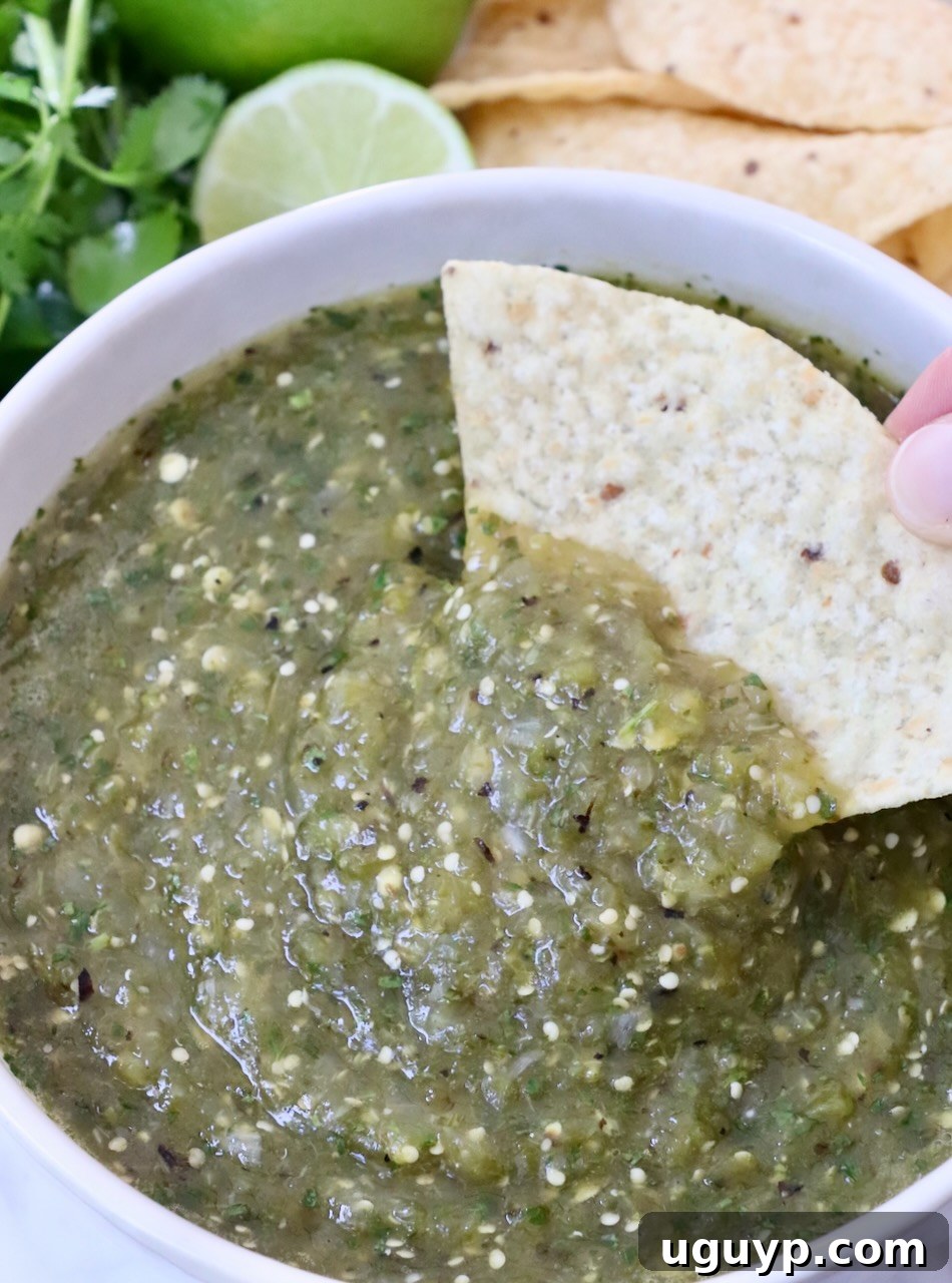A tortilla chip being dipped into a bowl of freshly made Tomatillo Salsa Verde, highlighting its vibrant green color and chunky texture.
