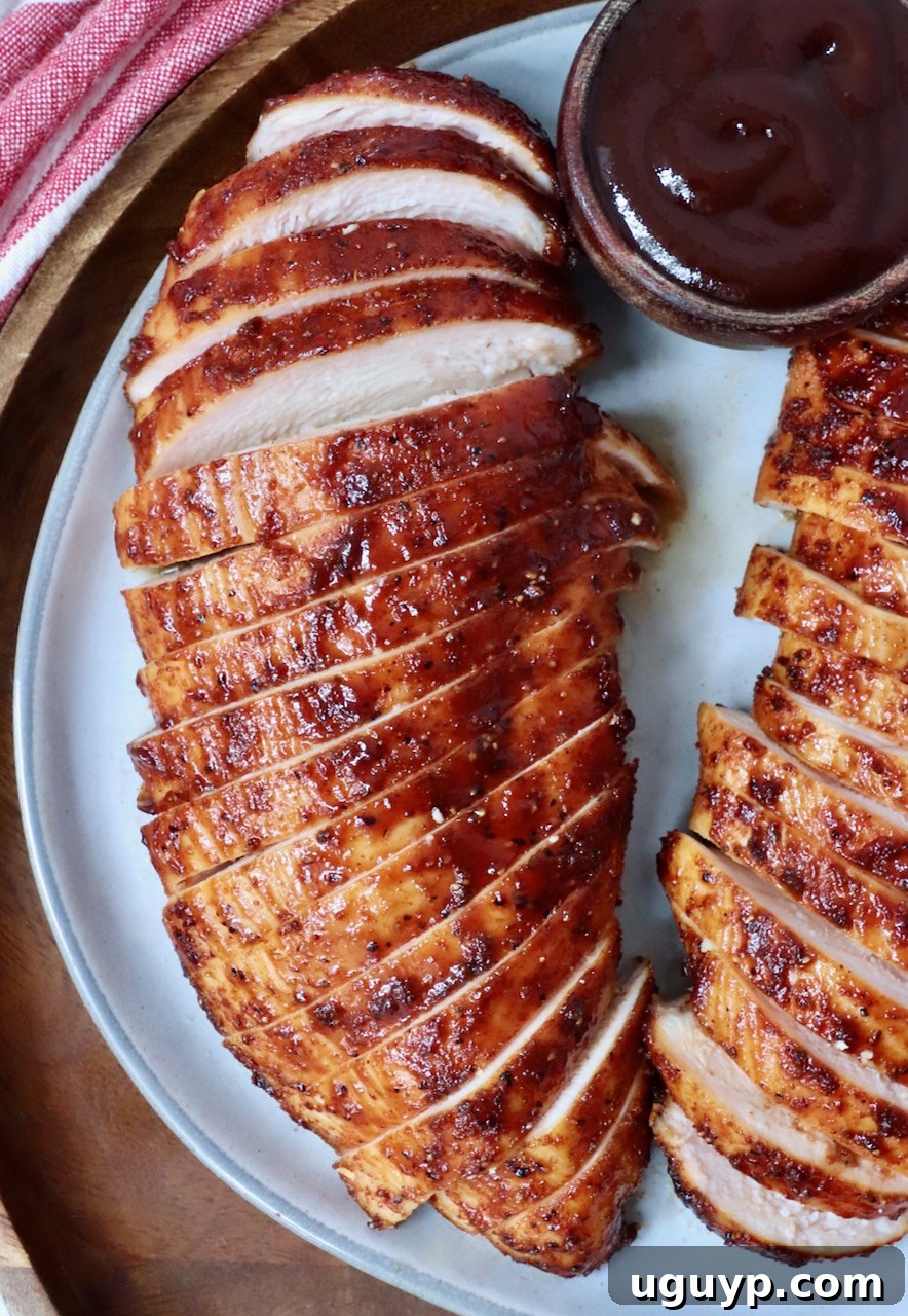 sliced smoked chicken breasts on a plate with a small bowl of bbq sauce on the side