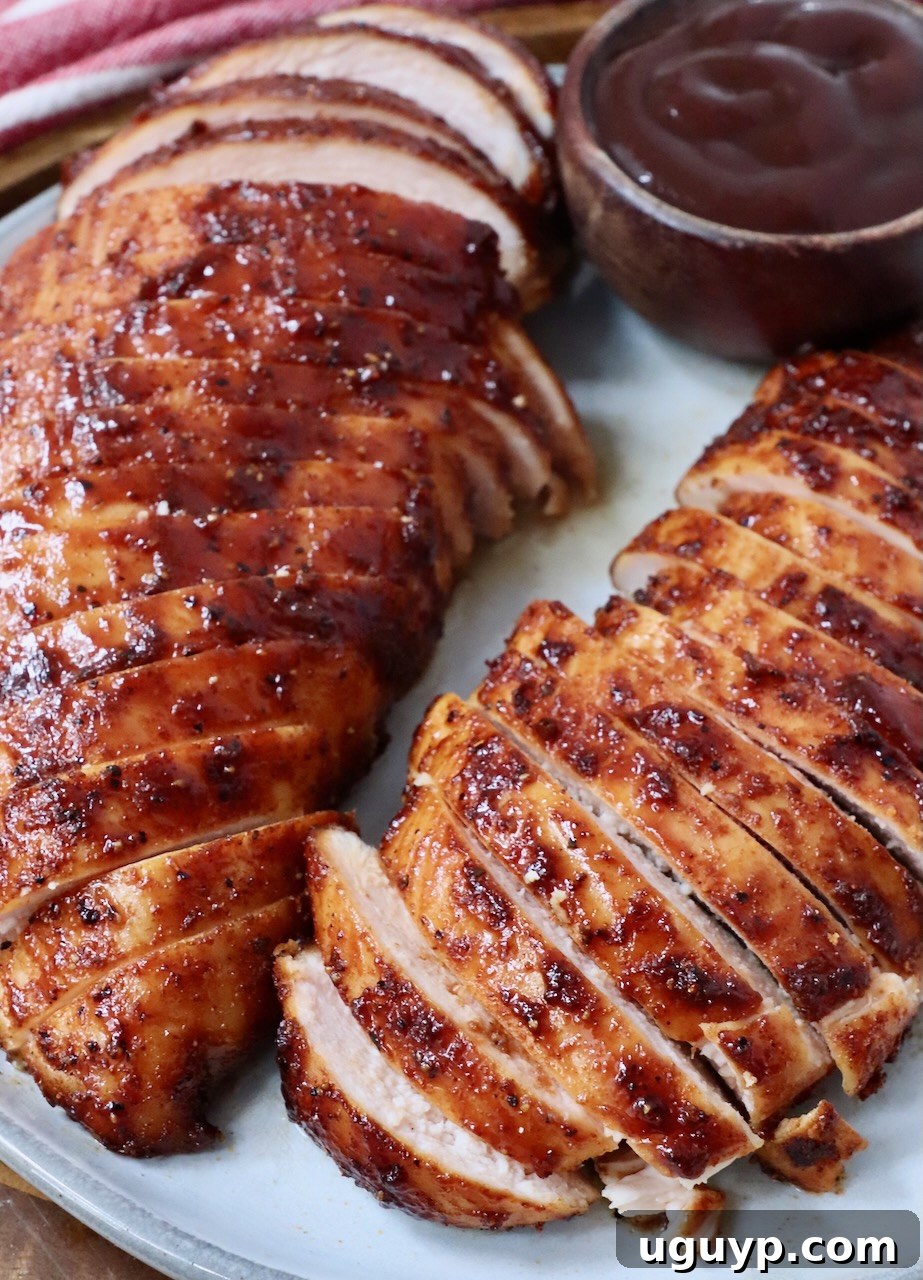 sliced smoked chicken breasts on a plate with a small bowl of bbq sauce