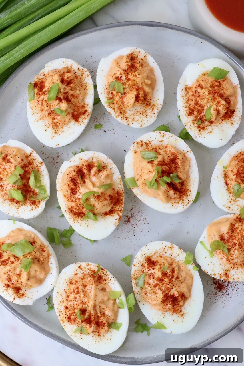 prepared buffalo deviled eggs on a plate
