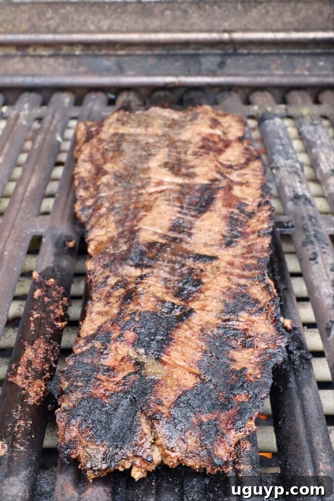grilled skirt steak resting on a grill after cooking, showing a beautiful sear