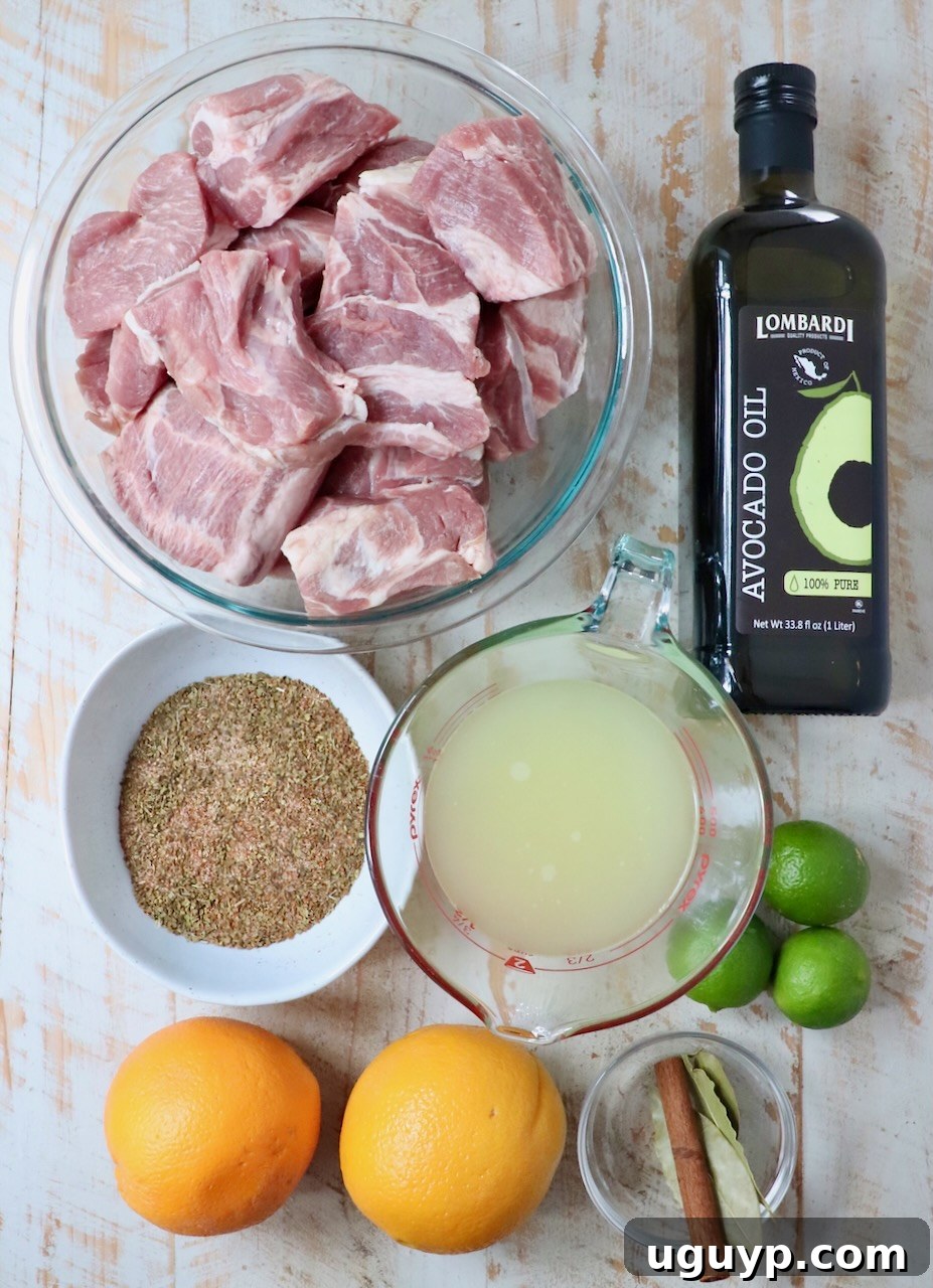 ingredients for carnitas on a white wood board