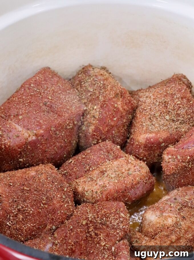 seasoned pieces of pork in a large cast iron dutch oven