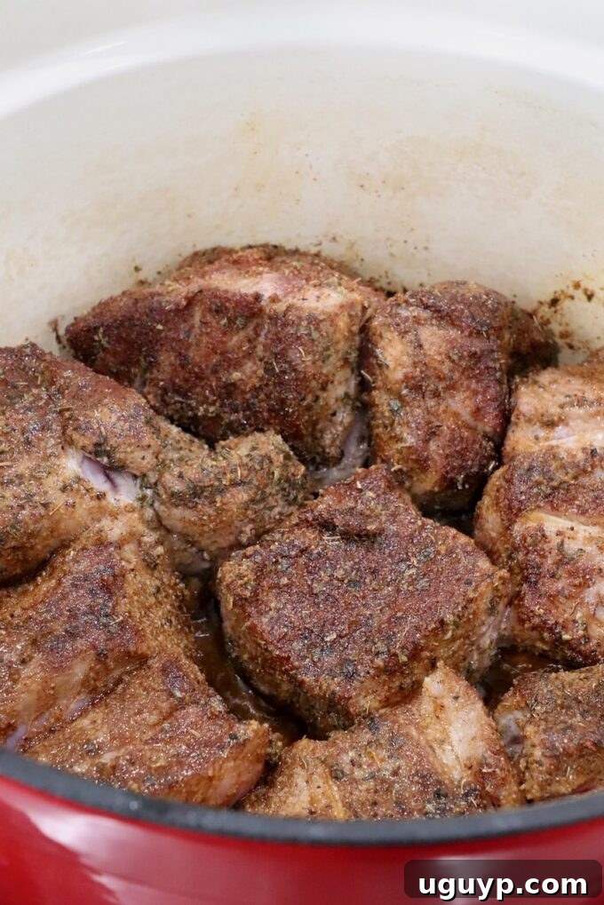 seared, seasoned pieces of pork in a large cast iron dutch oven