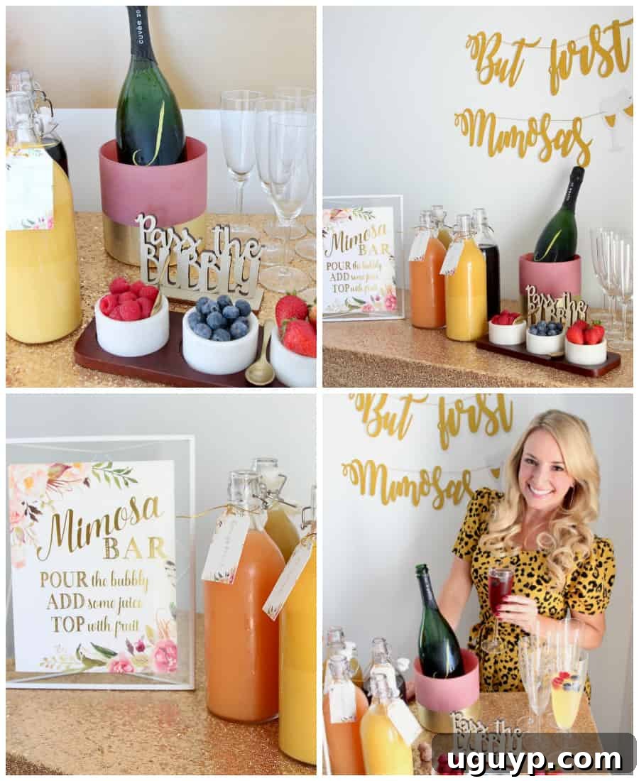 Collage of images illustrating the easy steps to create your own DIY mimosa bar