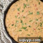 smoked queso dip in a skillet topped with fresh cilantro
