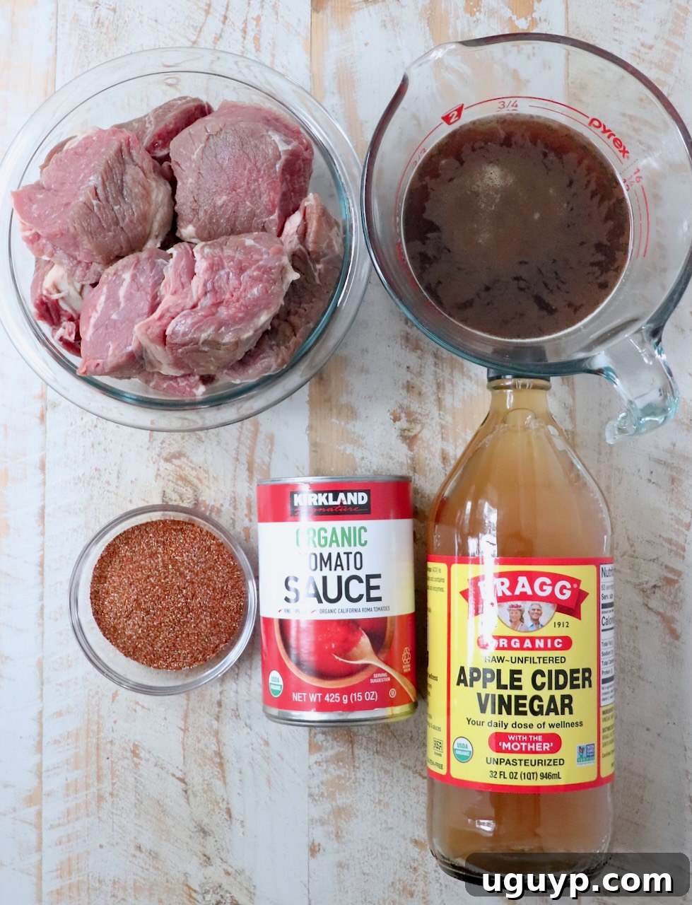 Collection of fresh ingredients for Instant Pot beef birria, including beef chuck roast, birria seasoning, beef broth, apple cider vinegar, and tomato sauce.