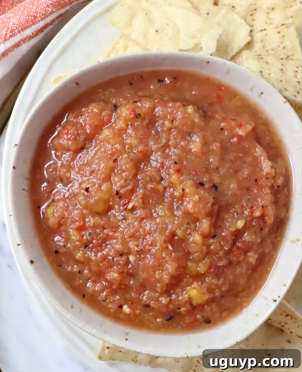 bowl of peach salsa surrounded by tortilla chips, ready for dipping