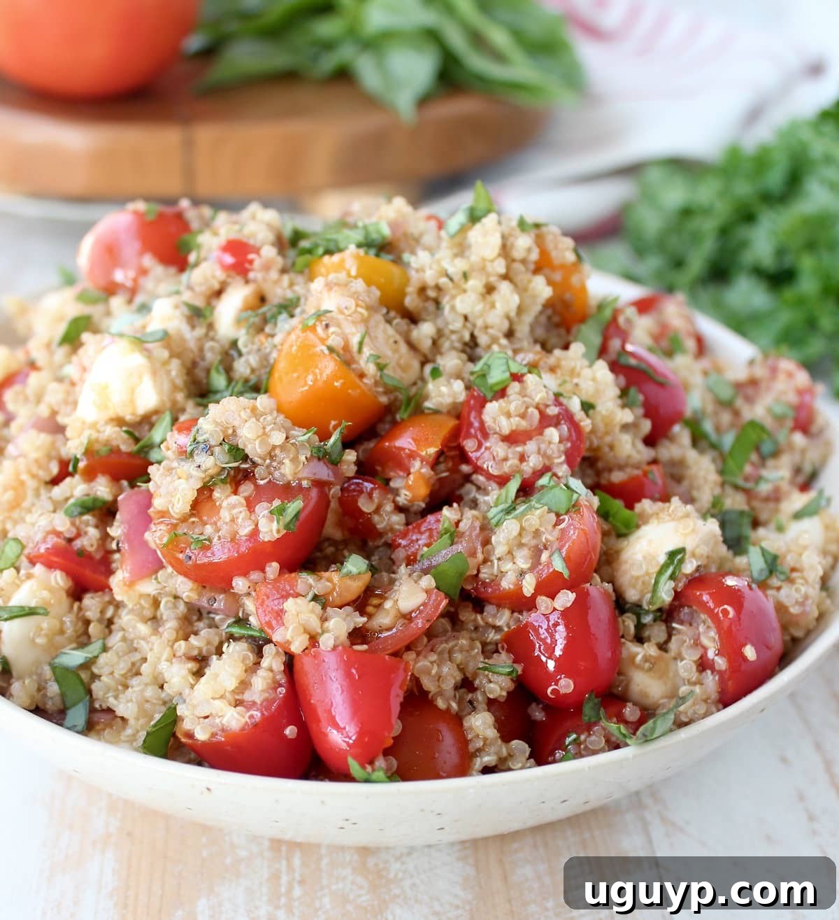 A close-up view of Quinoa Caprese Salad in a white bowl, showcasing the fresh ingredients.