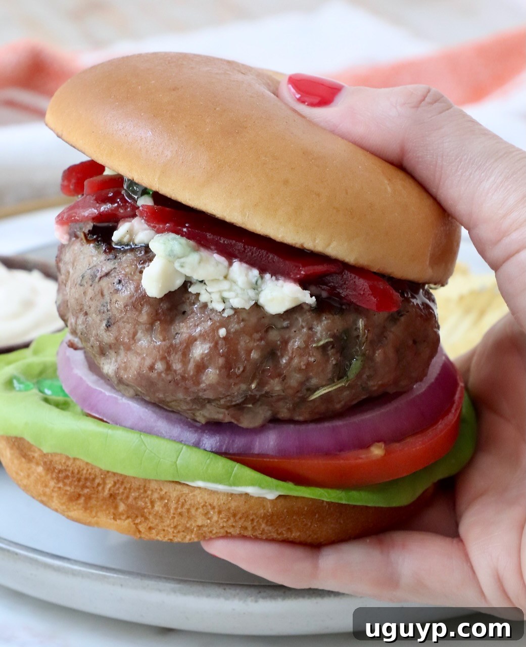 hand holding a lamb burger over a plate, showcasing a perfectly seasoned and cooked lamb dish