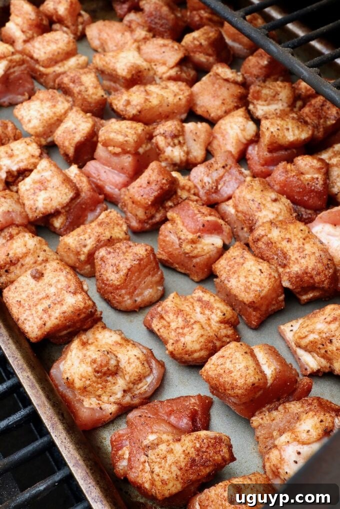 Seasoned cubes of pork belly on a metal baking sheet in a smoker.