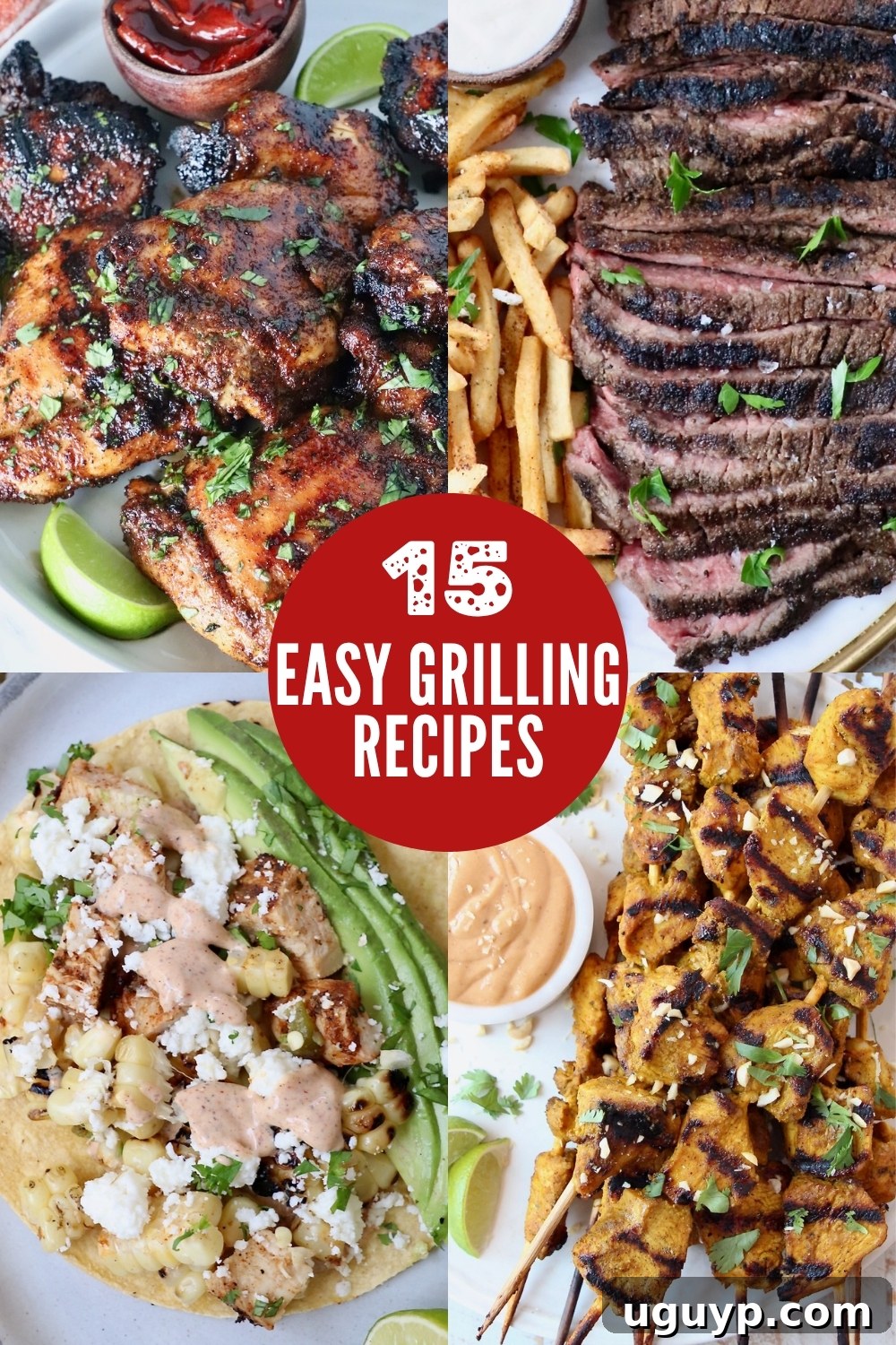 A vibrant collage featuring perfectly grilled chicken thighs, succulent sliced steak, delicious street tacos, and savory chicken skewers, showcasing the variety of bold and flavorful grilling recipes.