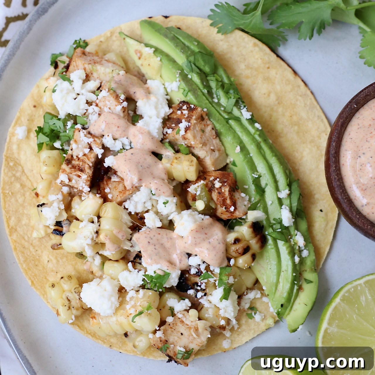 A delectable taco on a plate, brimming with diced grilled chicken, sweet corn kernels, and creamy avocado slices, capturing the essence of Mexican street food.