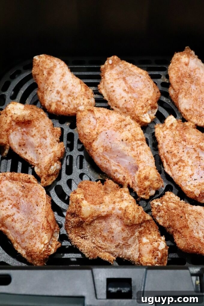 seasoned raw chicken wings in an air fryer basket