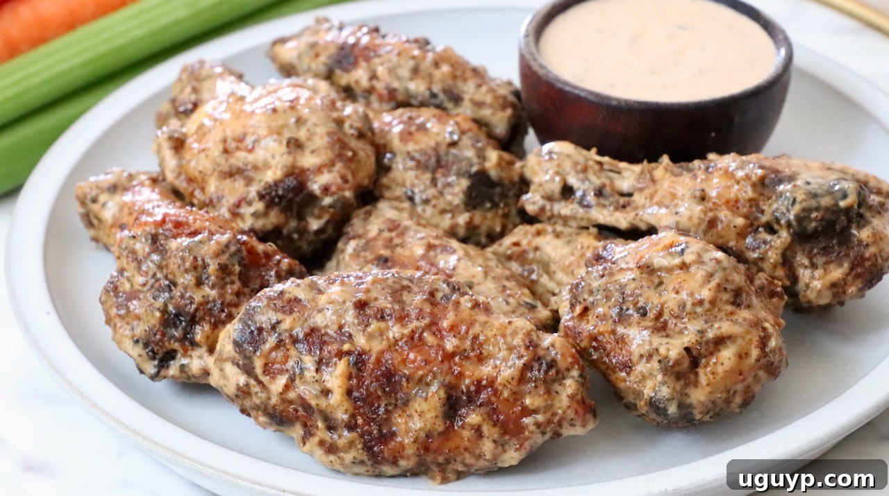 cooked chicken wings tossed in sauce on a plate with a small bowl of creamy sauce