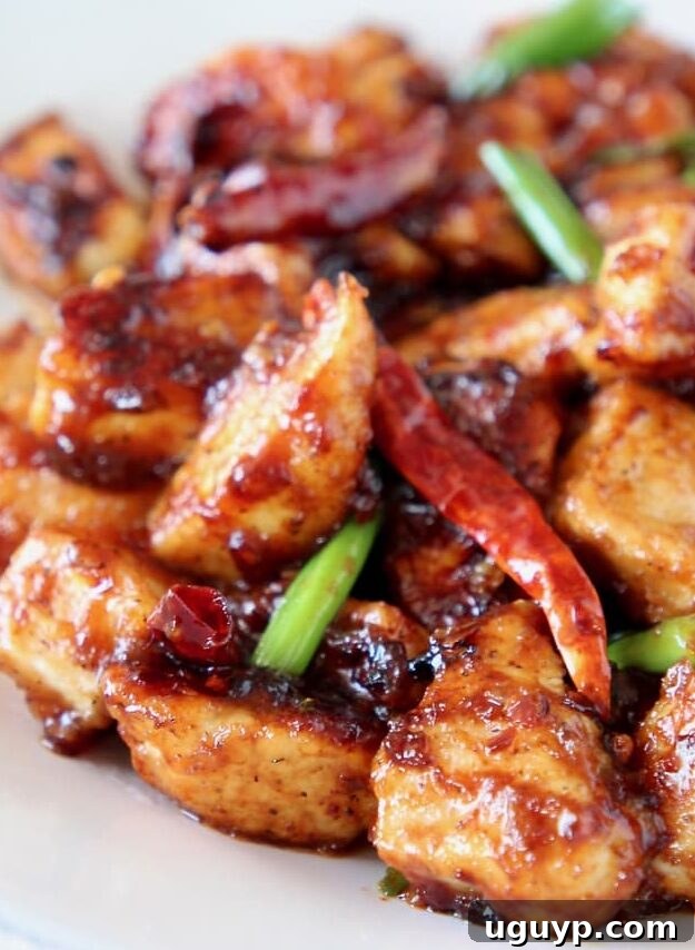 General tso chicken on plate with red chilies and scallions