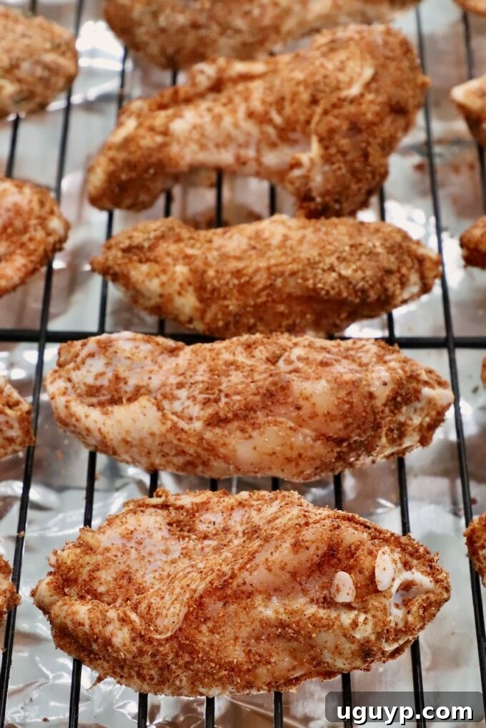 Raw chicken wings on a wire rack over a baking sheet, seasoned with a dry rub.