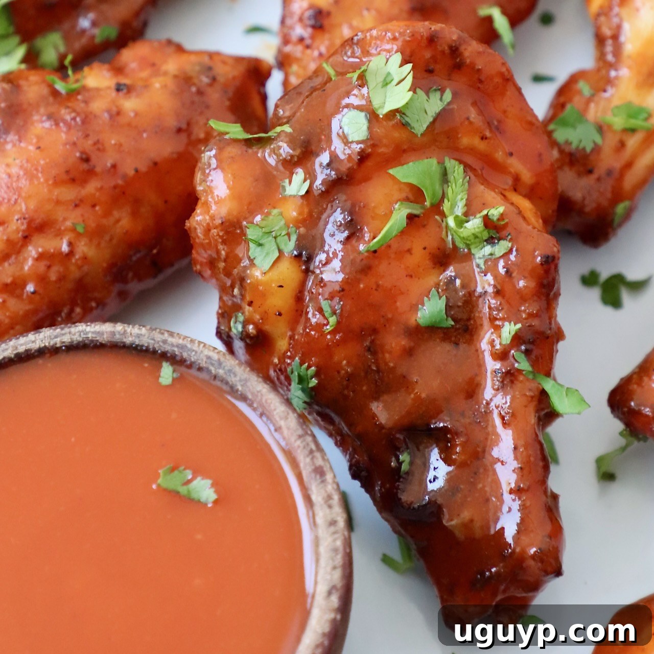 smoked chicken wings on plate tossed with buffalo sauce