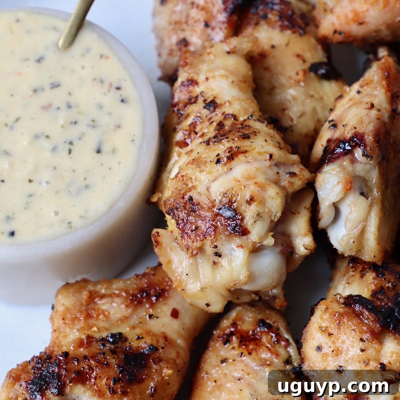 grilled chicken wings on plate with a small bowl of garlic parmesan sauce on the side