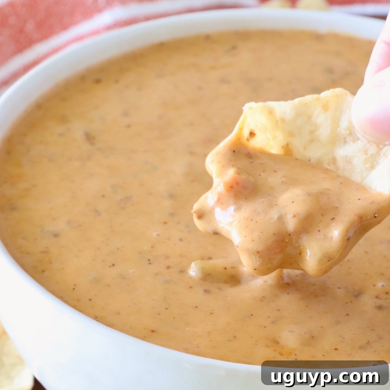 Hand dipping a tortilla chip into a warm bowl of Chili Cheese Dip.