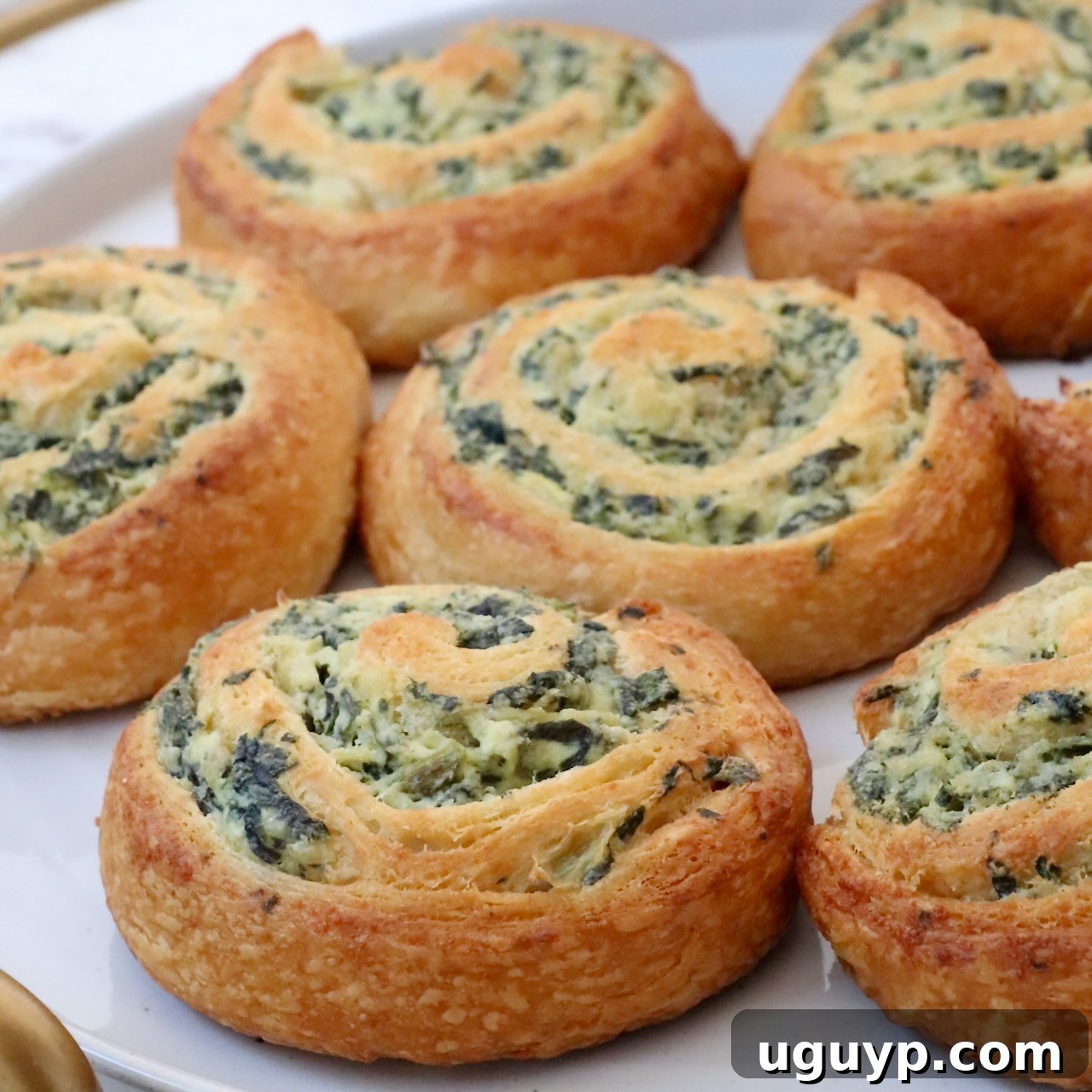 Spinach Pinwheels arranged neatly on a serving plate.