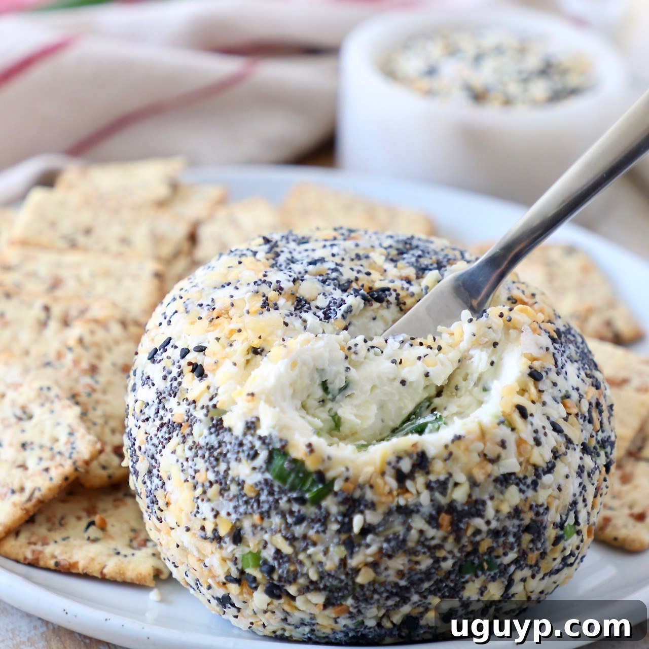 Everything Bagel Cheddar Cheese Ball with a cheese spreader on a plate with crackers.