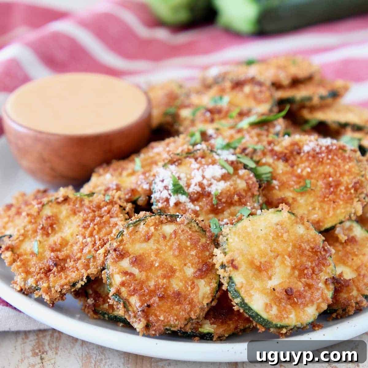 Buffalo Zucchini Chips, a crispy and spicy vegetable appetizer.
