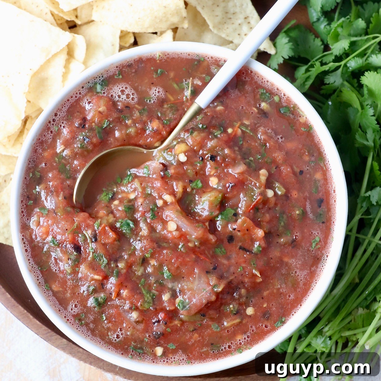 Fresh tomato salsa in a bowl with a spoon, ready to be served.