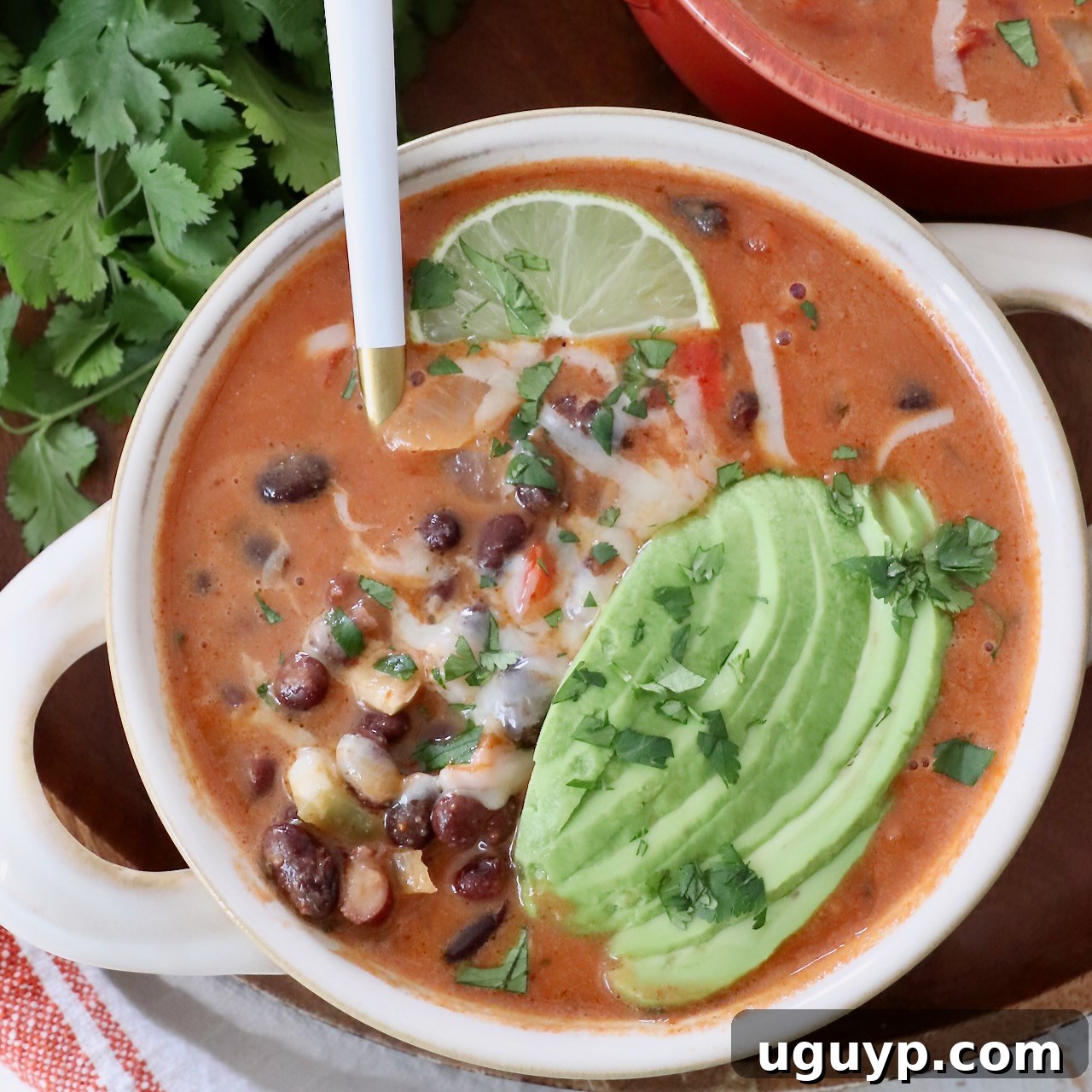 Flavorful Black Bean Soup in a bowl with a spoon, garnished with sliced avocado on top.