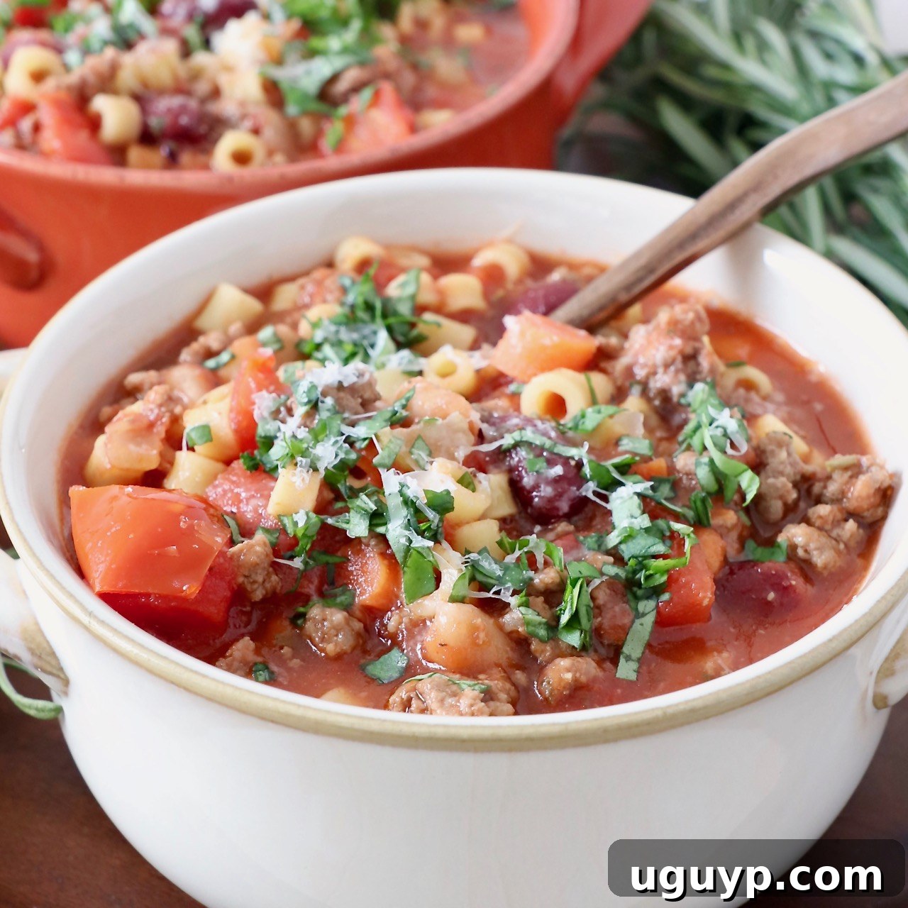 Hearty Pasta Fagioli Soup in a white bowl with a copper spoon, highlighting its comforting Italian flavors.
