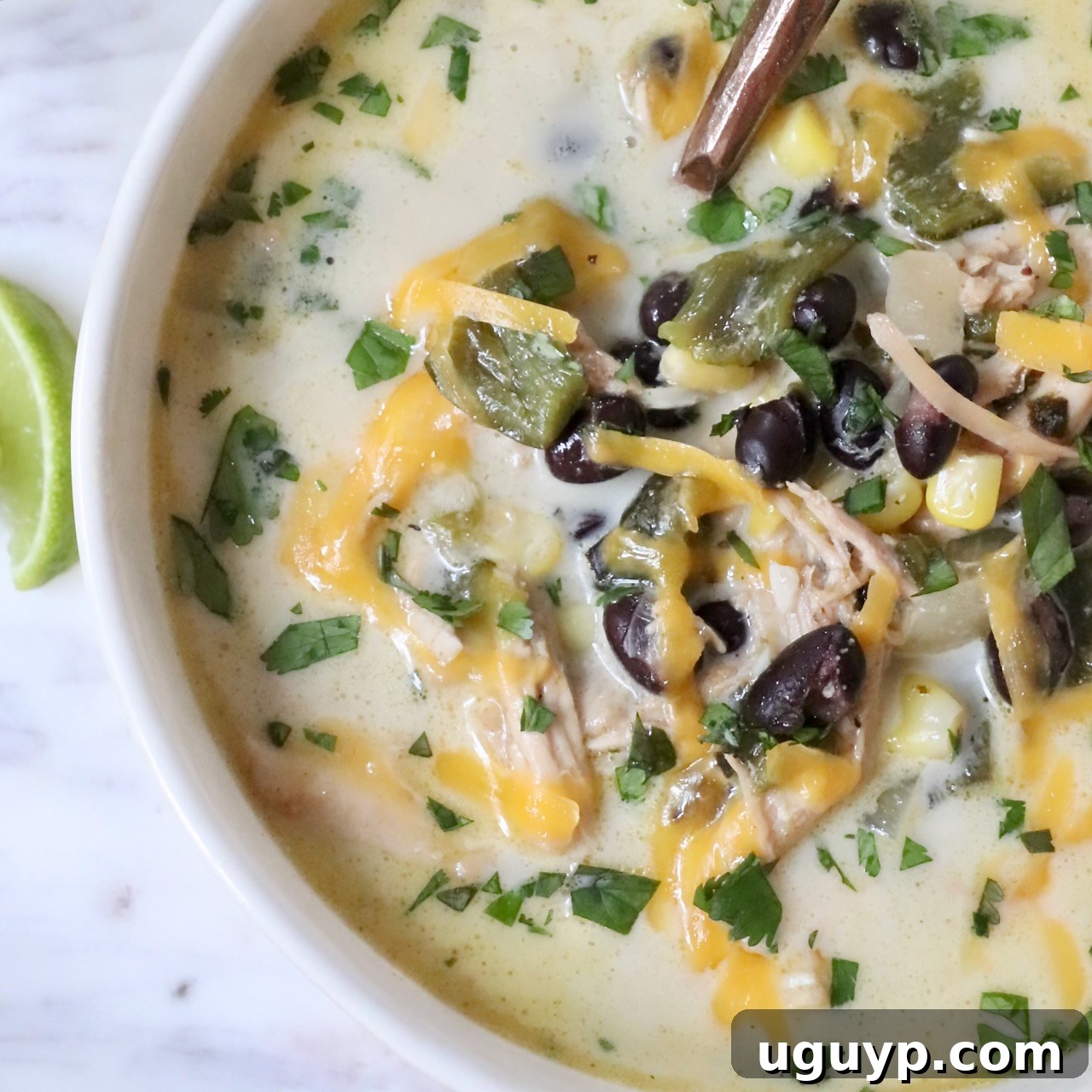 Creamy Chicken Poblano Soup served in a bowl with a spoon, highlighting its rich, Mexican-inspired flavors.