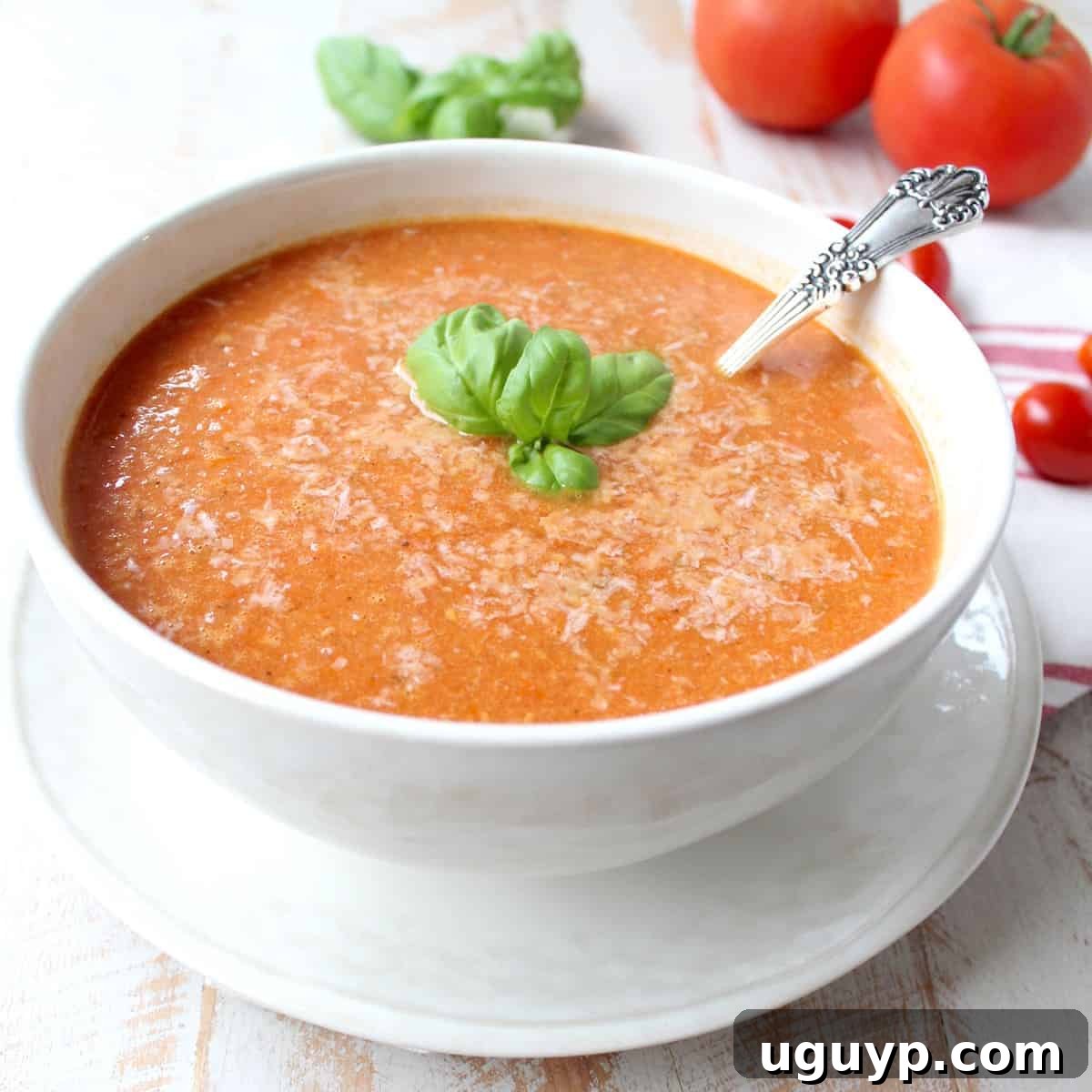 Roasted cherry tomatoes, garlic, and onions are pureed into a vegan and gluten-free tomato soup, easy to make in only 29 minutes!