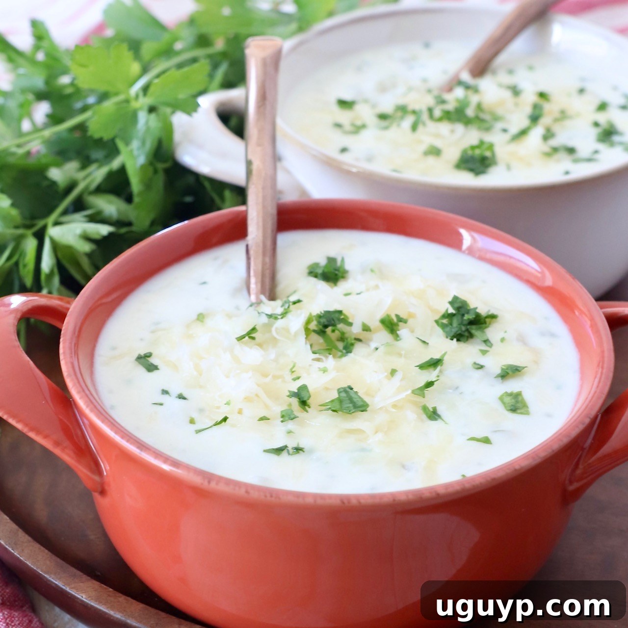 Creamy Potato Soup served in a bowl with a spoon, highlighting its rich texture and comforting appeal.
