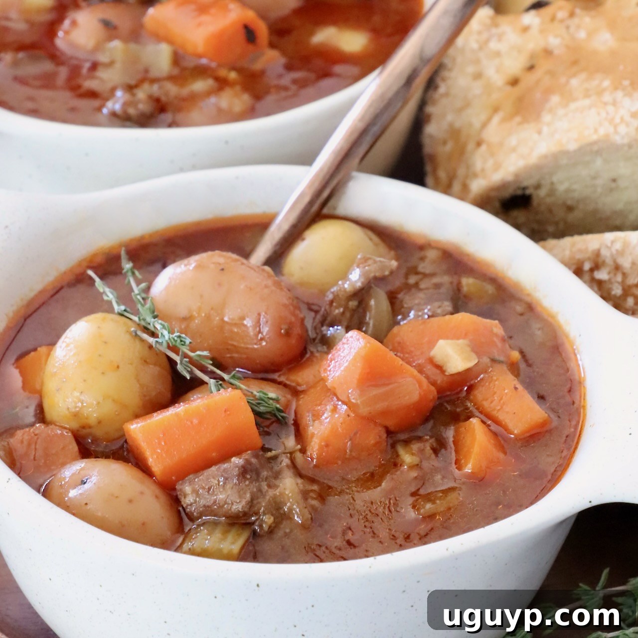 Hearty Irish Stew with tender beef, potatoes, and carrots, served in a bowl with a spoon.