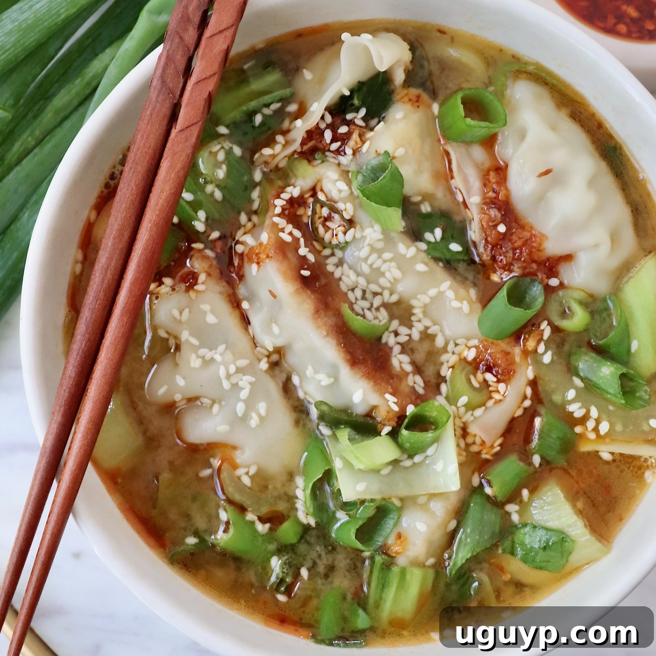 Flavorful Gyoza Soup served in a bowl with chopsticks on the side, highlighting the delicious dumplings and rich broth.