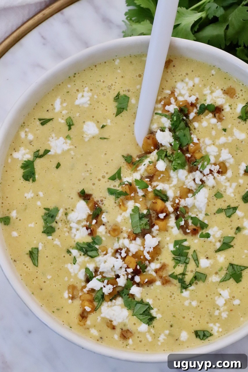 A creamy Mexican Street Corn Soup, generously topped with crumbled cotija cheese, vibrant roasted corn kernels, and fresh chopped cilantro, served in an elegant white bowl with a spoon, highlighting its rich texture and appetizing presentation.