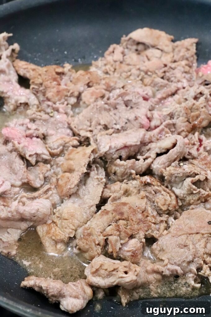 thinly sliced cooked steak in a skillet