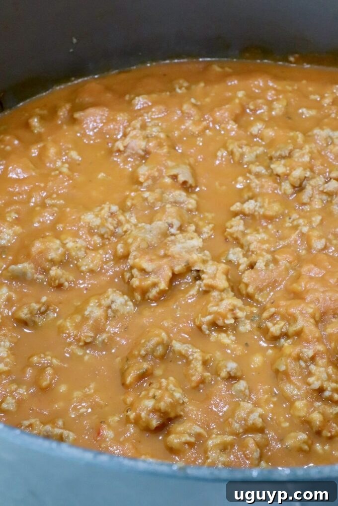 cooked, crumbled sausage in butternut squash sauce in a large pot