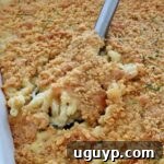 Close-up of creamy macaroni and cheese topped with golden, crispy Cheez-It cracker topping. A serving spoon is lifting up a portion, revealing gooey cheese beneath.