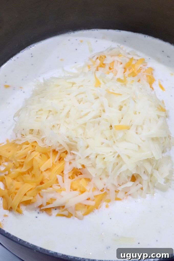 Shredded cheese melting into a creamy white sauce in a pot. 