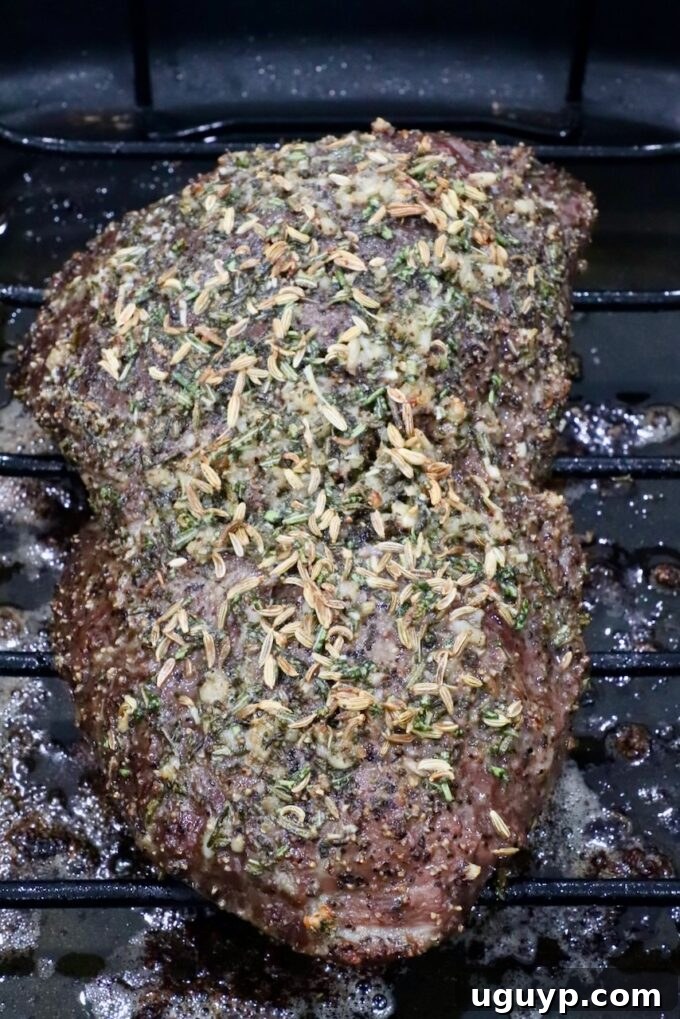 A seasoned roast beef resting on a wire rack, topped with herbs and spices, in a dark roasting pan