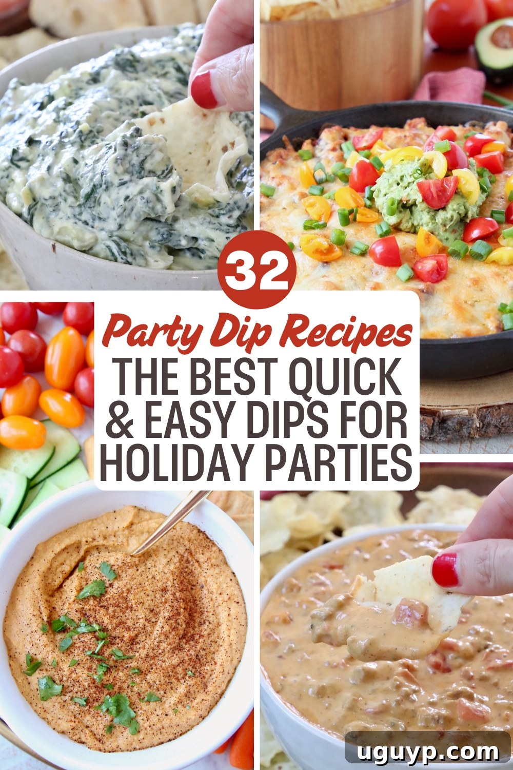 A collage of colorful party dips, including spinach, cheese, and hummus. Text overlay reads: "32 Party Dip Recipes: Quick & Easy Dips for Holiday Parties."