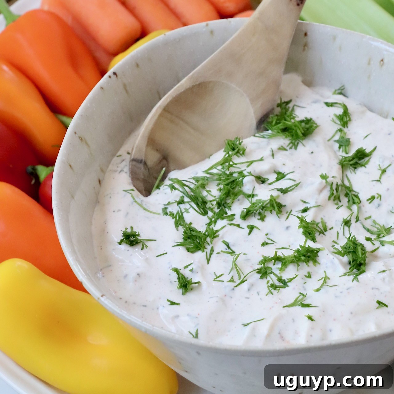 creamy vegetable dip in bowl topped with fresh chopped dill