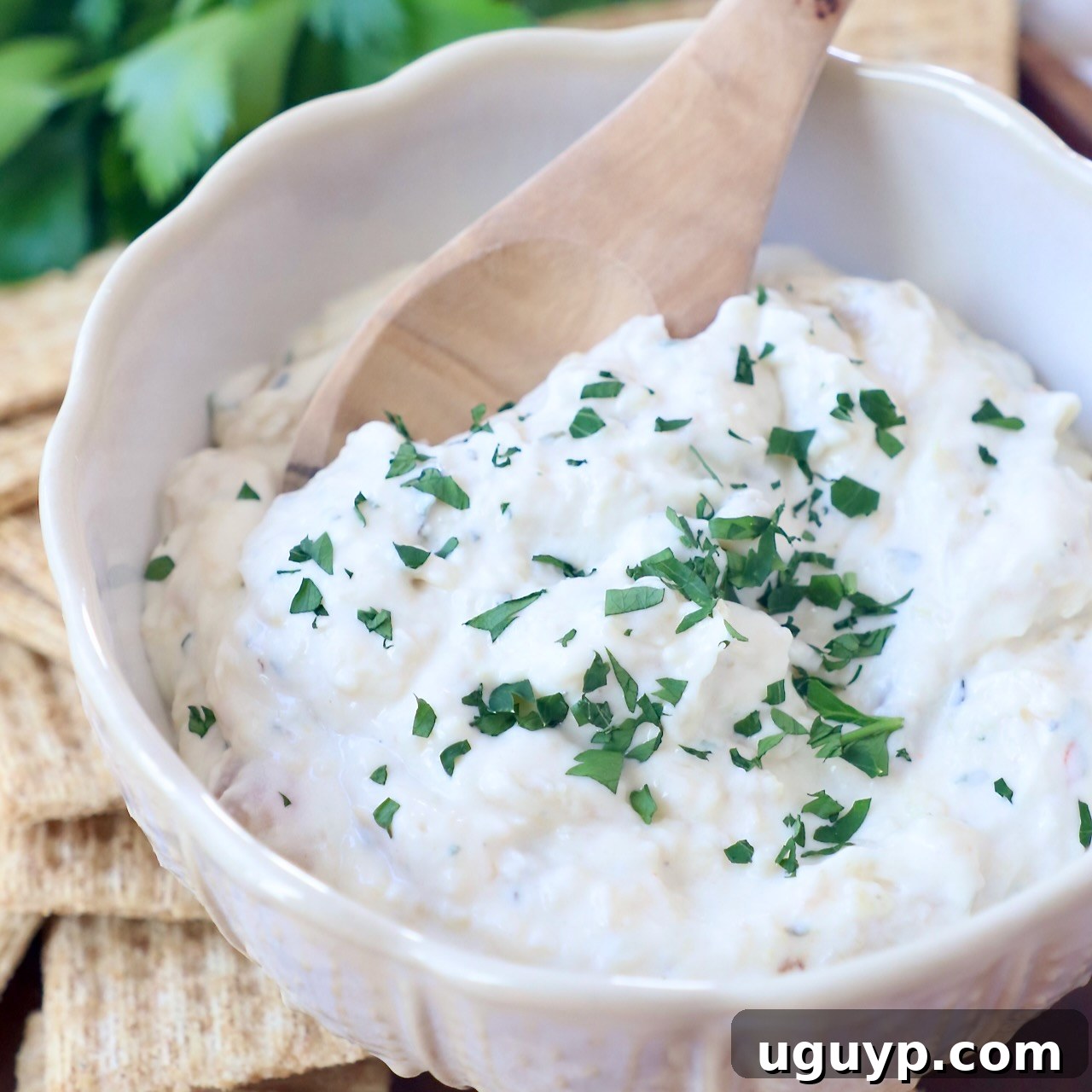 creamy garlic dip in bowl with wooden spoon