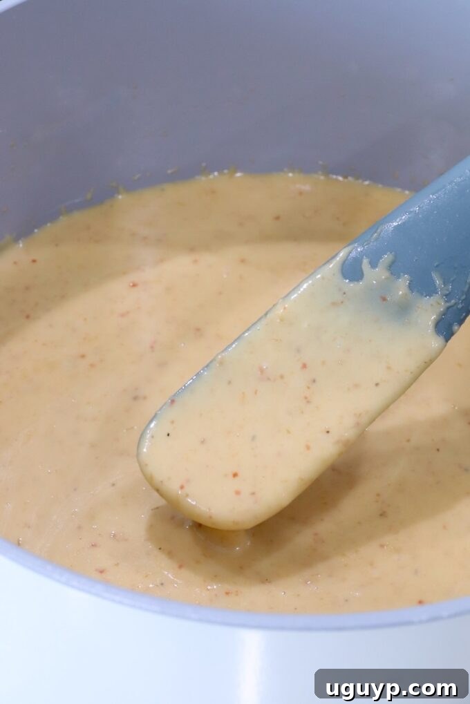 creamy queso in a pot with a grey spatula