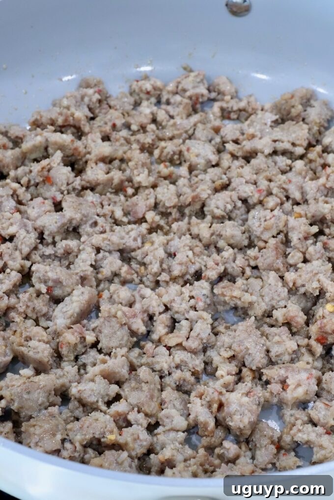 cooked ground sausage in a skillet
