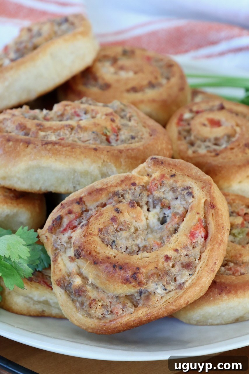 Close-up of savory swirled pastry rolls with a golden, crispy crust. Filled with sausage and tomatoes, garnished with fresh cilantro, on a white plate.