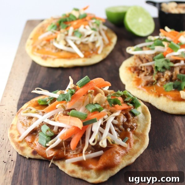 Close-up of a finished Thai Roti Bread Peanut Pork Pizza slice, showcasing the succulent pork and fresh toppings.